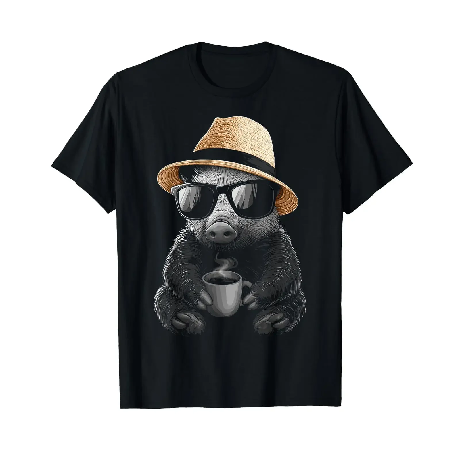 Boar with Sunglasses Drinking Coffee T Shirt vintage Washed Top For Everyday Wear Comfortable Versatile Soft homme fashion