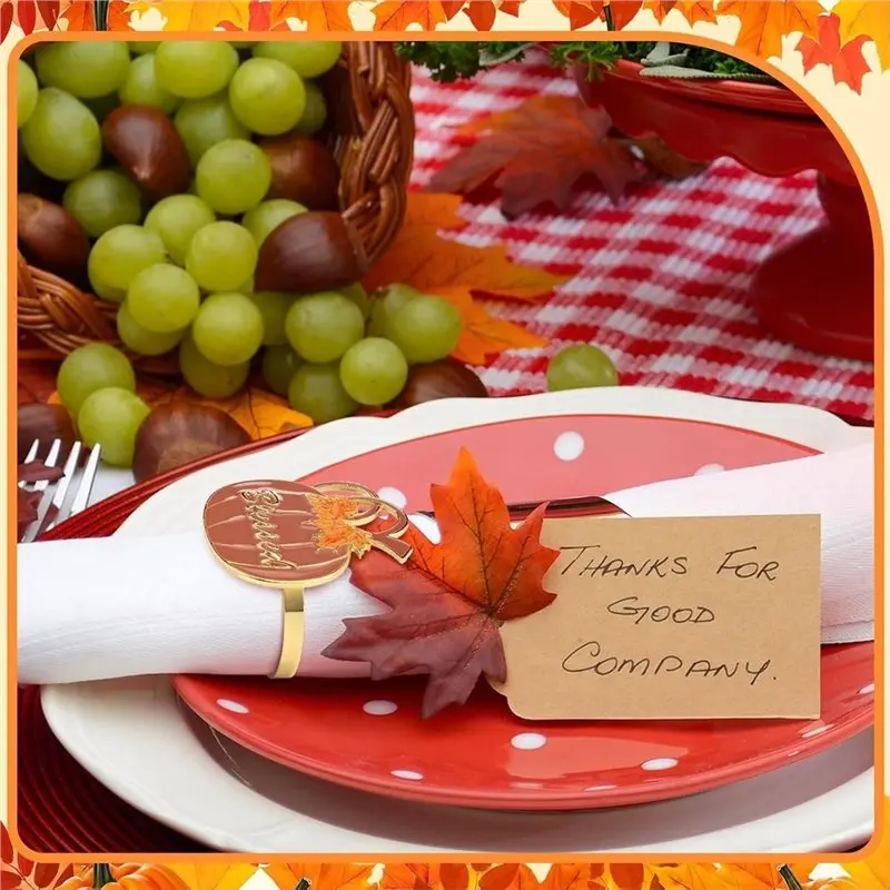 F-F Pumpkin Napkin Rings 12 Pcs For Thanksgiving Maple Leaf Design- Halloween Table Decorations