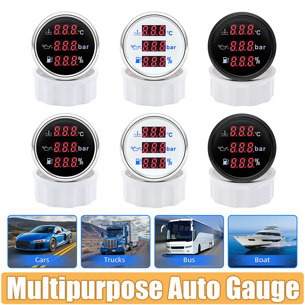 52mm Digital 3 in 1 Waterproof Car Boat Gauge For 12V24v Water Temperature Oil Pressure Voltmeter Fuel Level With Alarm Signal