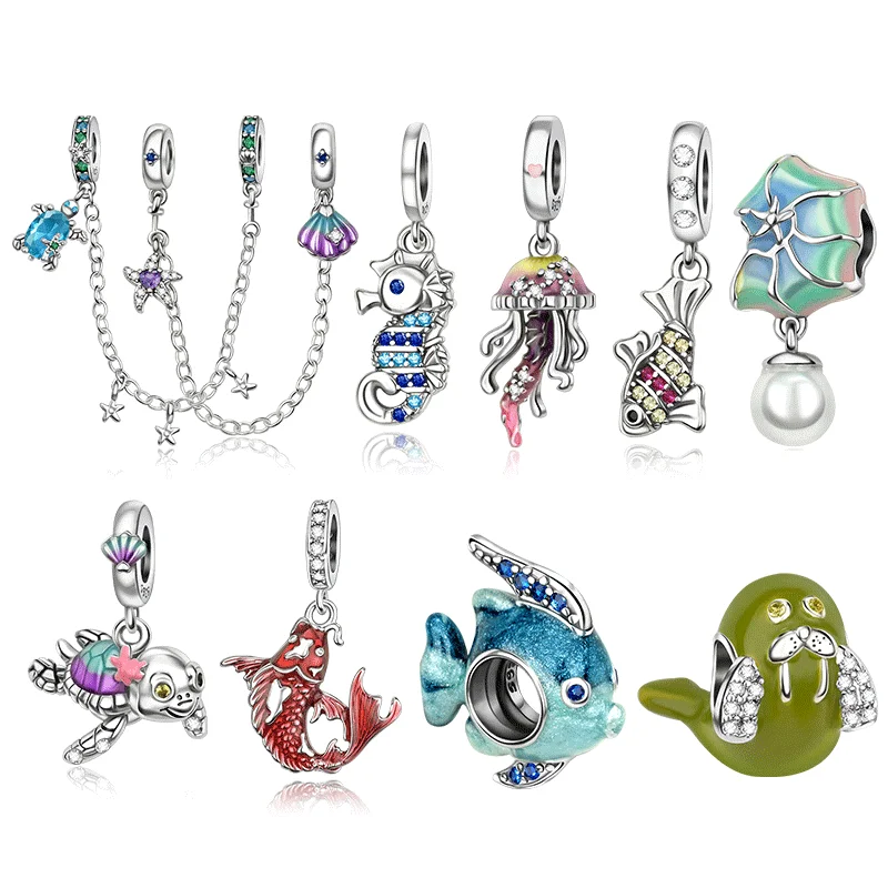 

Ocean Series DIY Charms Bead Original 925 Sterling Silver Seahorse Jellyfish Sea Lion Pendants Fit Bracelet Jewelry Gift Marking