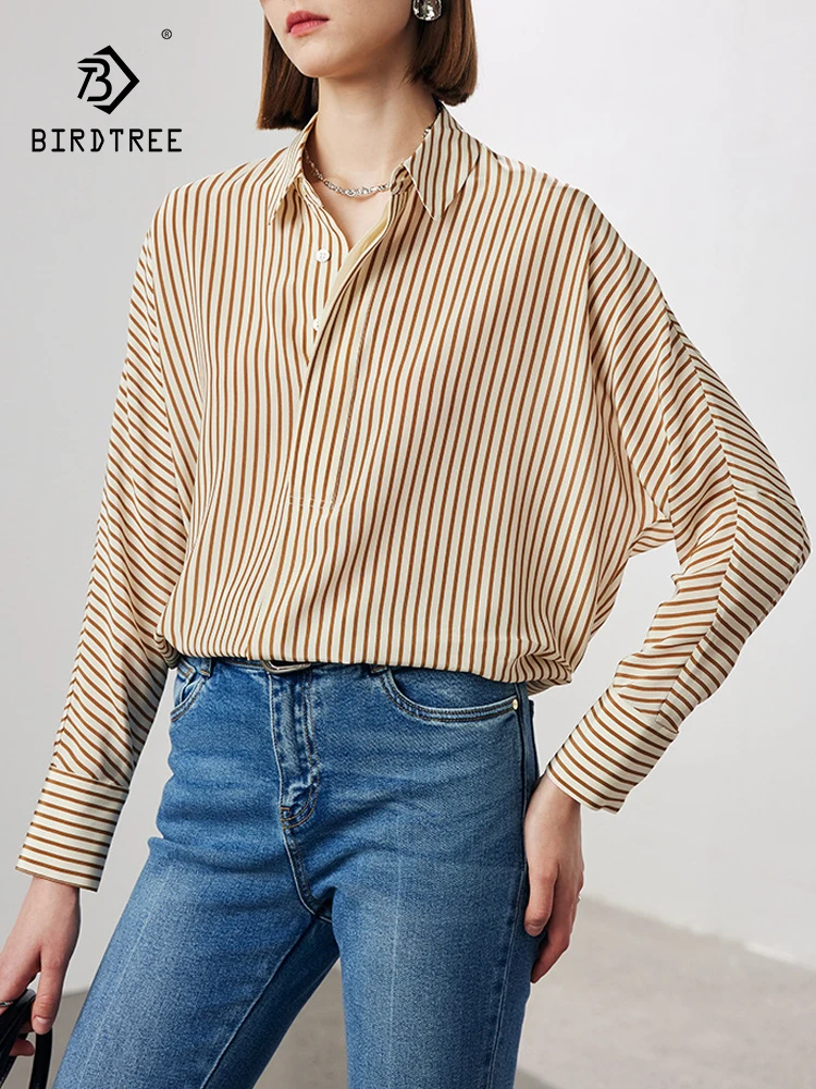 

BirdTree, 6A 100%Real Silk Elegant Shirt, Women Long Sleeve Striped, French Commute Casual Blouse, 2024 Summer Autumn T47656QC