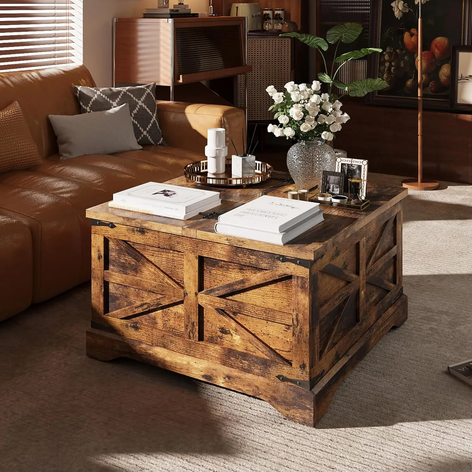 Farmhouse Coffee Table, Coffee Table With Hidden Storage Space, Wood Center Table With Two Hinged Lift Top, Square Rustic Table