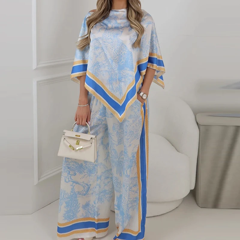 Frühling Sommer Bedruckter Loser Damenanzug Lässiger O-Ausschnitt Kurzarm-Oberteil und Lange Hose Zweiteiliges Set Modisches Satin Urlaubsoutfit