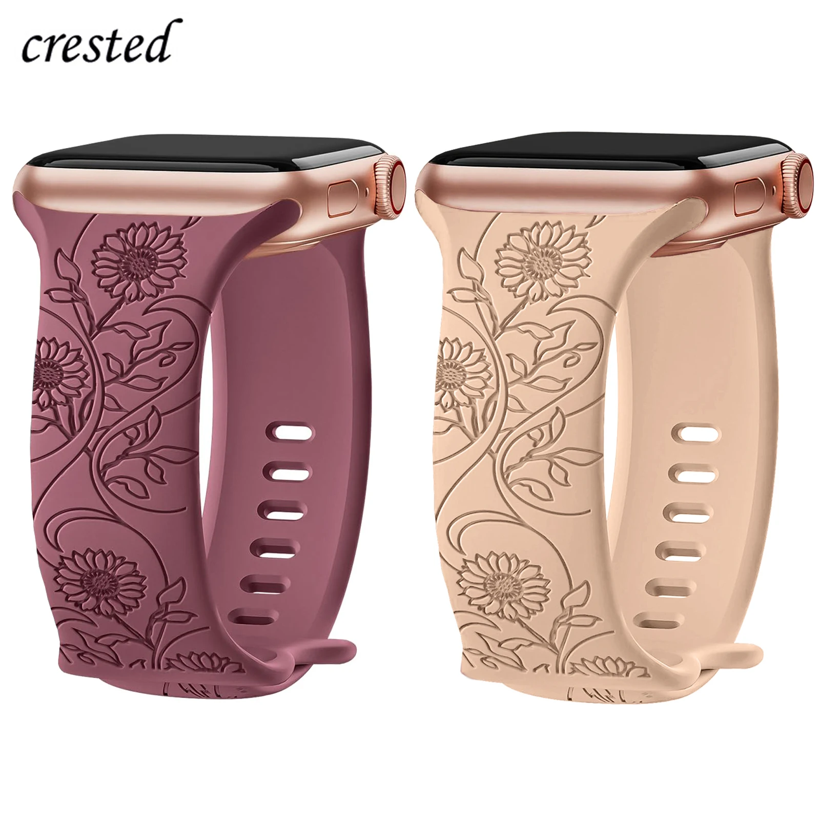 Floral Engraved Strap For Apple Watch Band 40mm 44mm 41mm 49mm 45mm 38mm 42mm silicone bracelet iwatch series 9 7 se 6 8 ultra 2