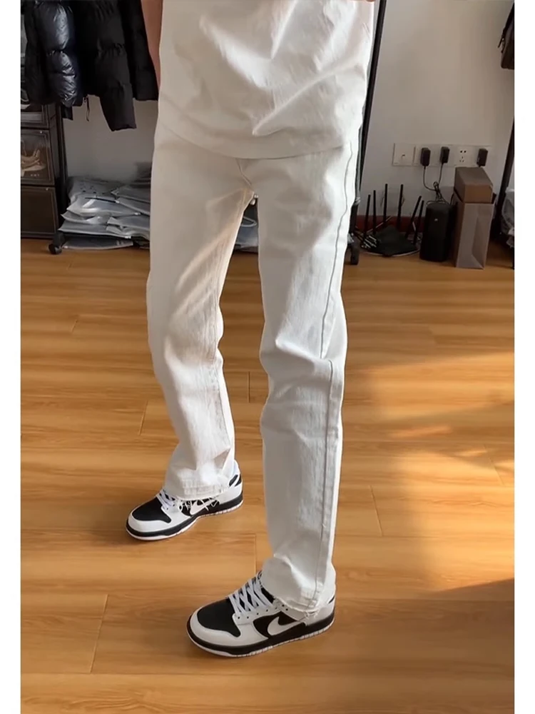 

Cleanfit White Straight Leg Jeans Men's Sle Spring High Street Slim Fit Bootcut Pants Youth Trendy Wear Resistant Denim