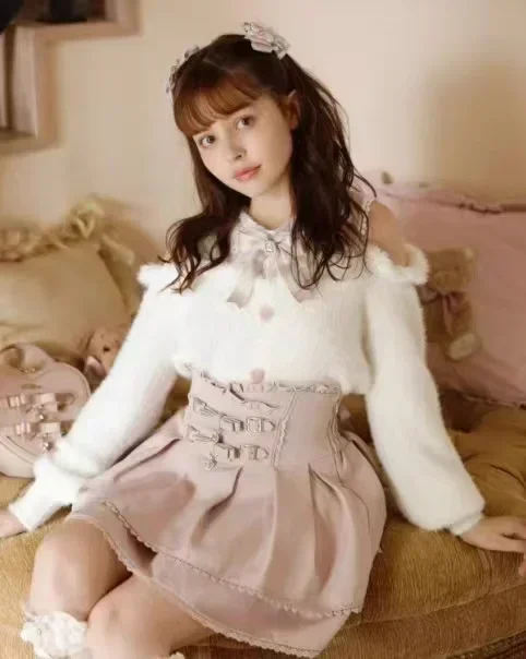 Japanse Mijn Massa-Productie Gebreide Trui Vrouwen Herfst Winter Lolita Zoete Boog Harige Off-Shoulder Kant Lange Mouw trui Top