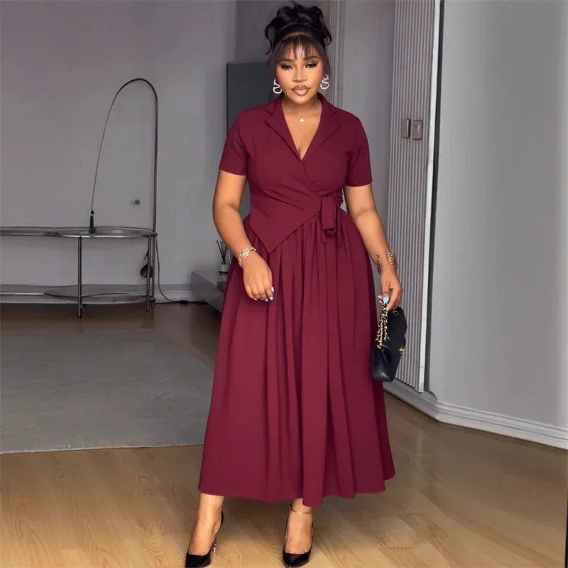 فستان طويل أنيق على شكل حرف a من Doyerl للنساء ملابس للنادي والحفلات بخصر عالٍ ورباط وياقة مدببة فساتين طويلة فيستدو عتيقة