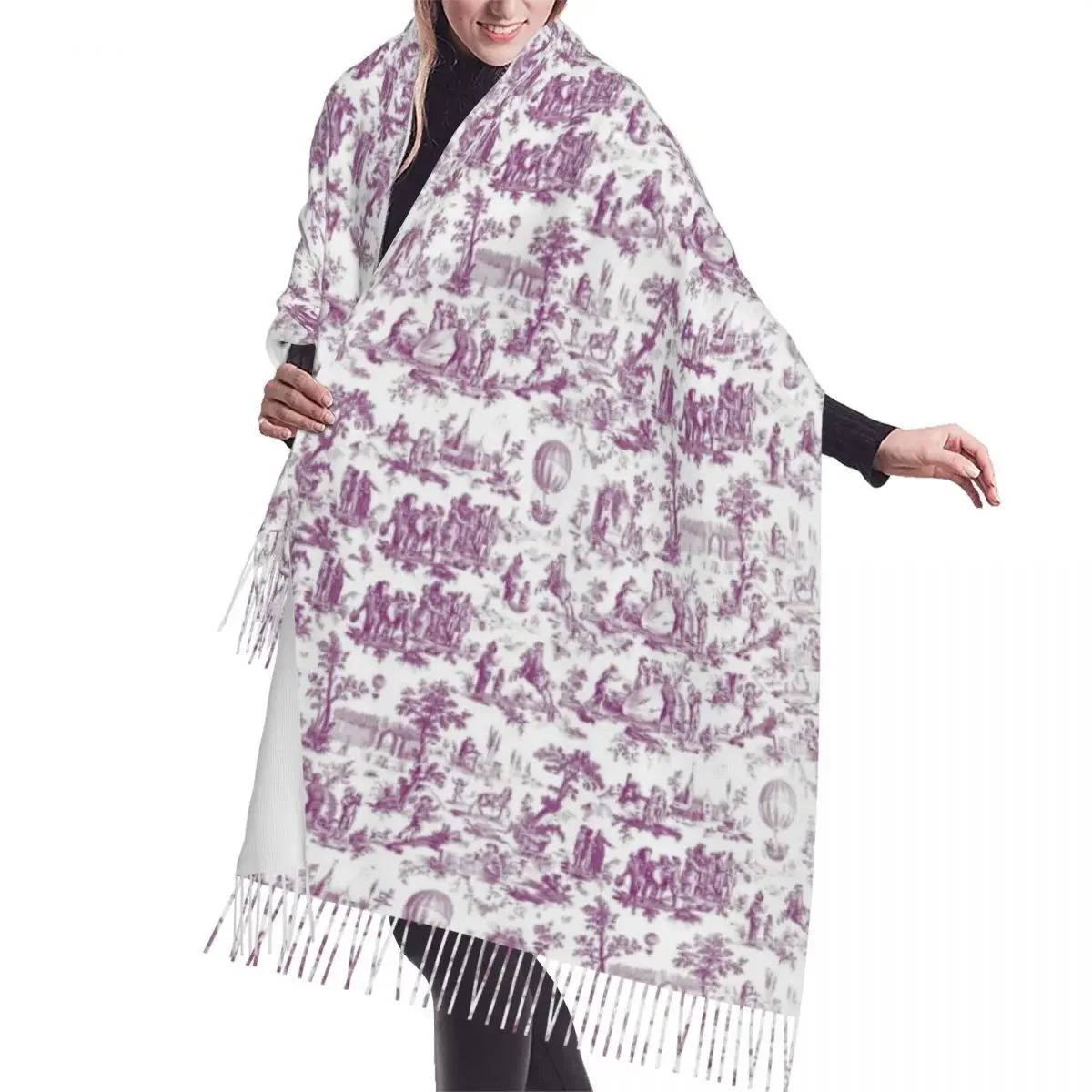 French Toile De Jouy Ballon De Gonesse Scarf Wrap Women Long Winter Fall Warm Tassel Shawl Traditional France Art Scarves