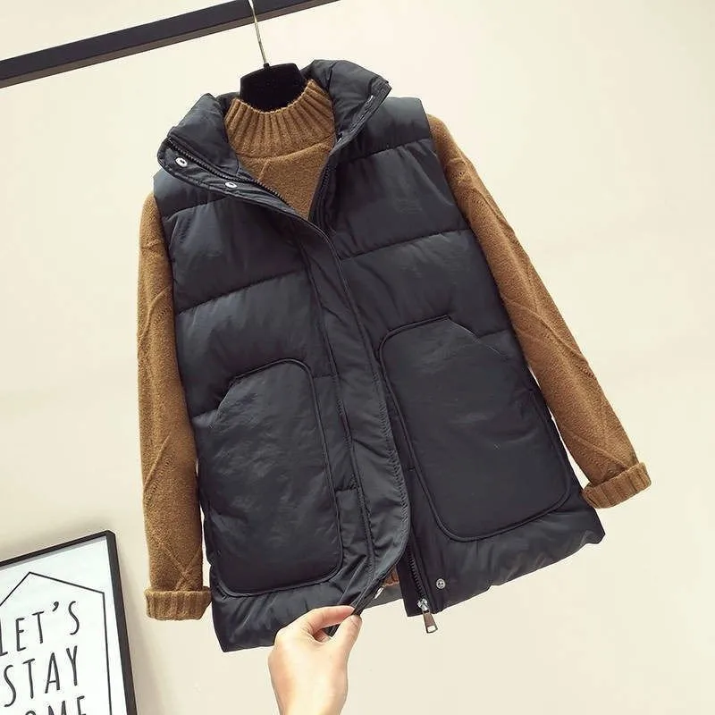 Add Big Size 200 Pounds Down Cotton Vest Jacket Women's Autumn Winter New Loose Versatile  External Wear Warm Cotton Coat