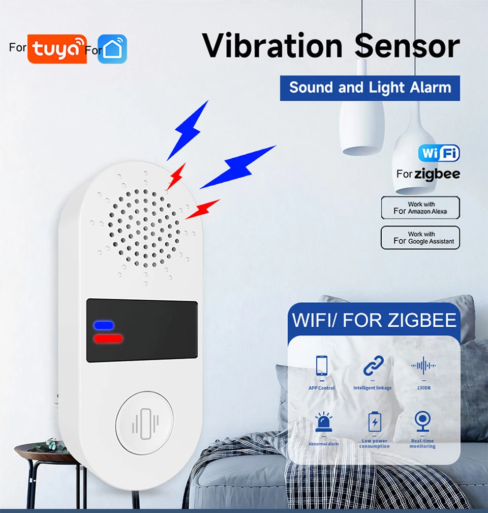 

For Tuya WiFi/ For Zigbee 130dB Sound And Light Vibration Sensor Samrt Motion Shock Alarm App Remote Control Home Security