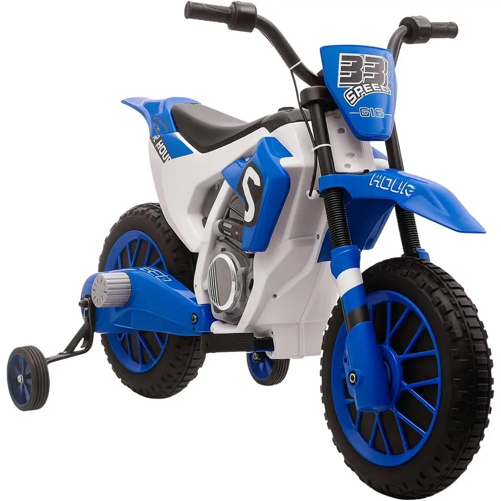 

Children's 12V Electric Motorcycle with Treaded Tires, 5mph Max Speed, Training Wheels, Battery-Powered, Spring Suspension, Blue