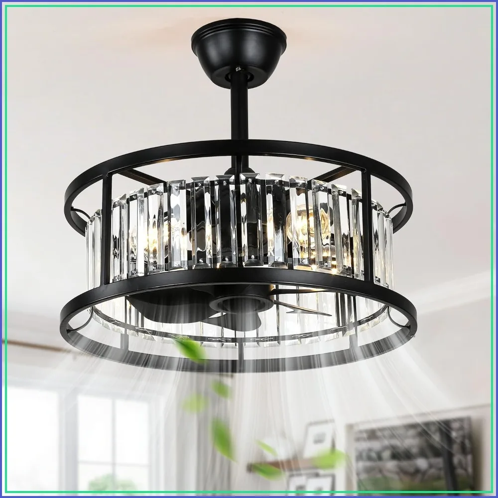 20 Inch Black Crystal Ceiling Fan with Light for Bedroom Living Room