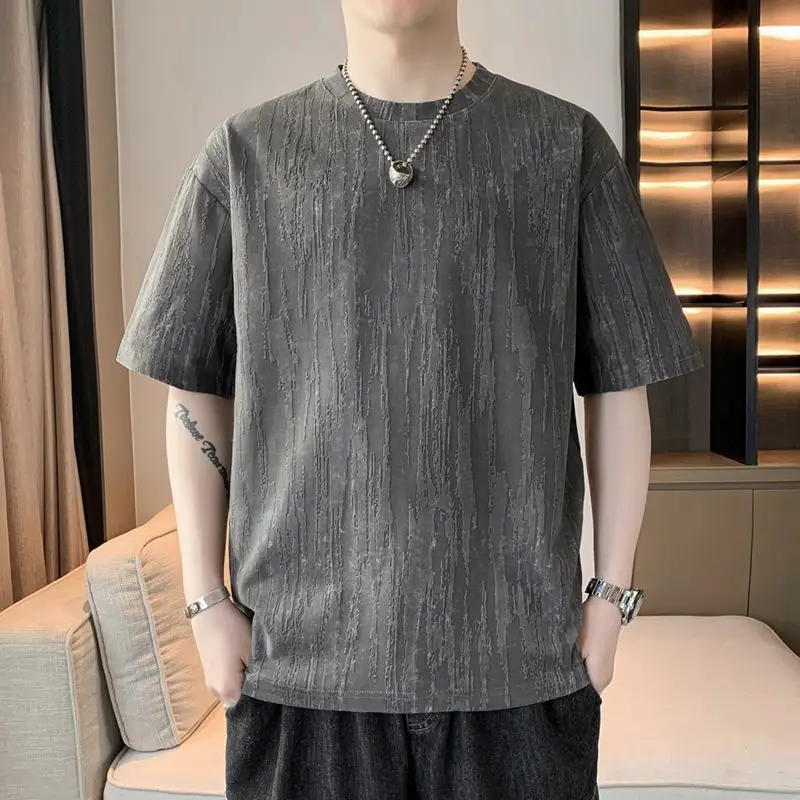 2026 New Arrival Men's Teen Boys Casual Loose Fit Jacquard Pleated Textured Short Sleeve T-Shirt Trendy Versatile​