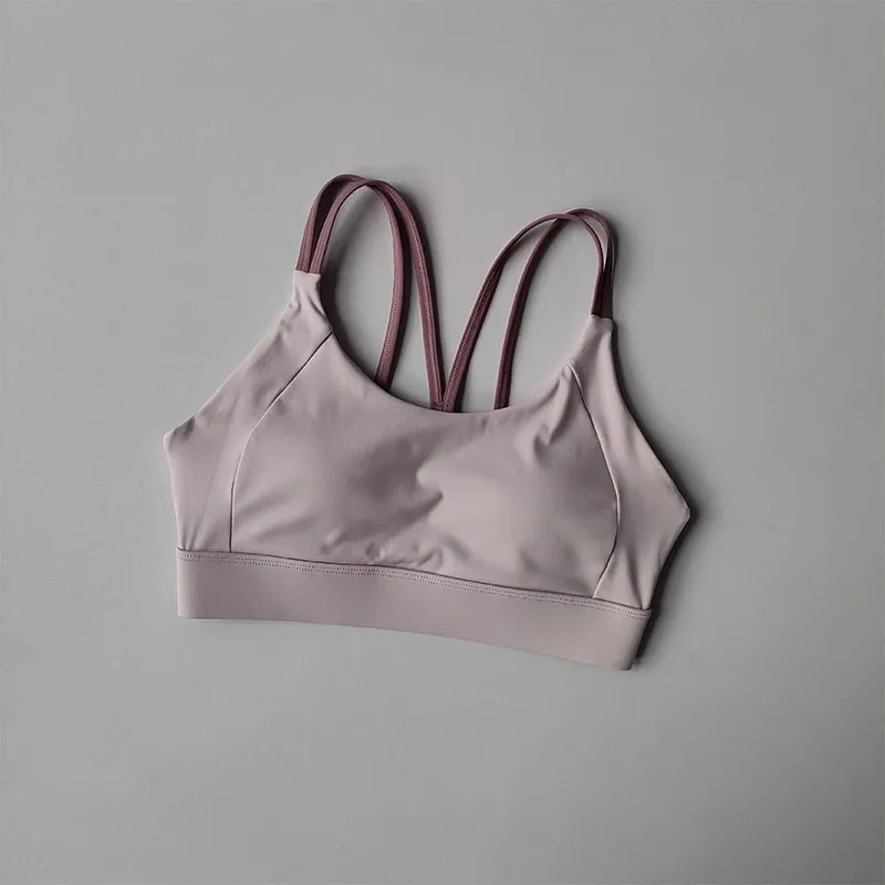 Einfarbiger, weicher Fitness-BH mit überkreuzten Trägern für Damen, Yoga-Top, stoßfestes Sport-Oberteil mit Polster, Push-Up, verstellbarer Sport-BH. – Detail 4