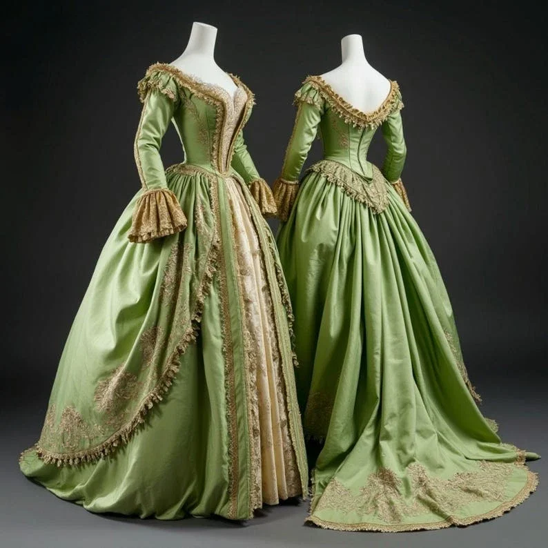 ชุดราตรีงานพรอมสีเขียวสไตล์วินเทจยุคกลางแบบวิคตอเรียน แขนยาว ยาวกรอมพื้น สำหรับงานปาร์ตี้หรืองานแต่งงาน  สามารถสั่งตัดได้
