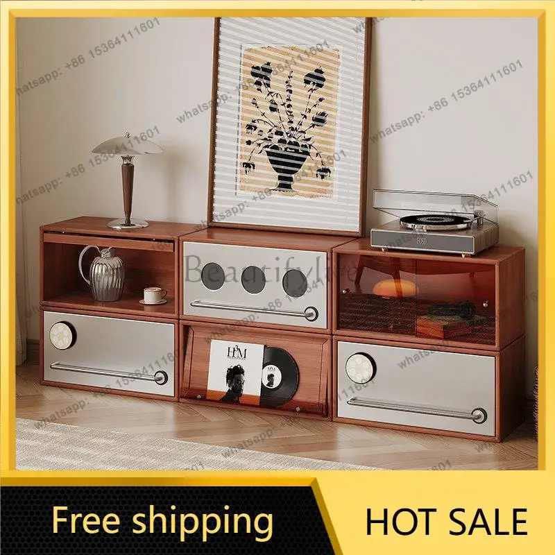 FG TV cabinet for small apartments, vintage-style boxwood solid wood free storage cabinet