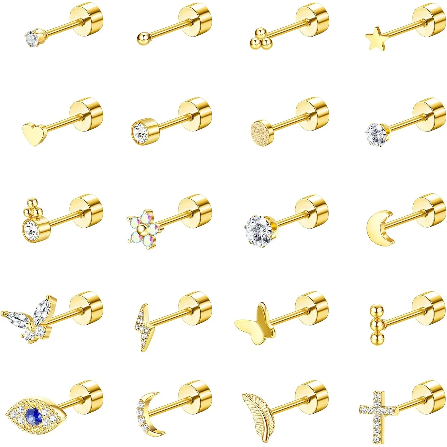 

Bobisty 20Pcs Stainless Steel Flat Back Earrings for Women Men 20G Small Cartilage Hypoallergenic CZ Piercing Butterfly Stud Set