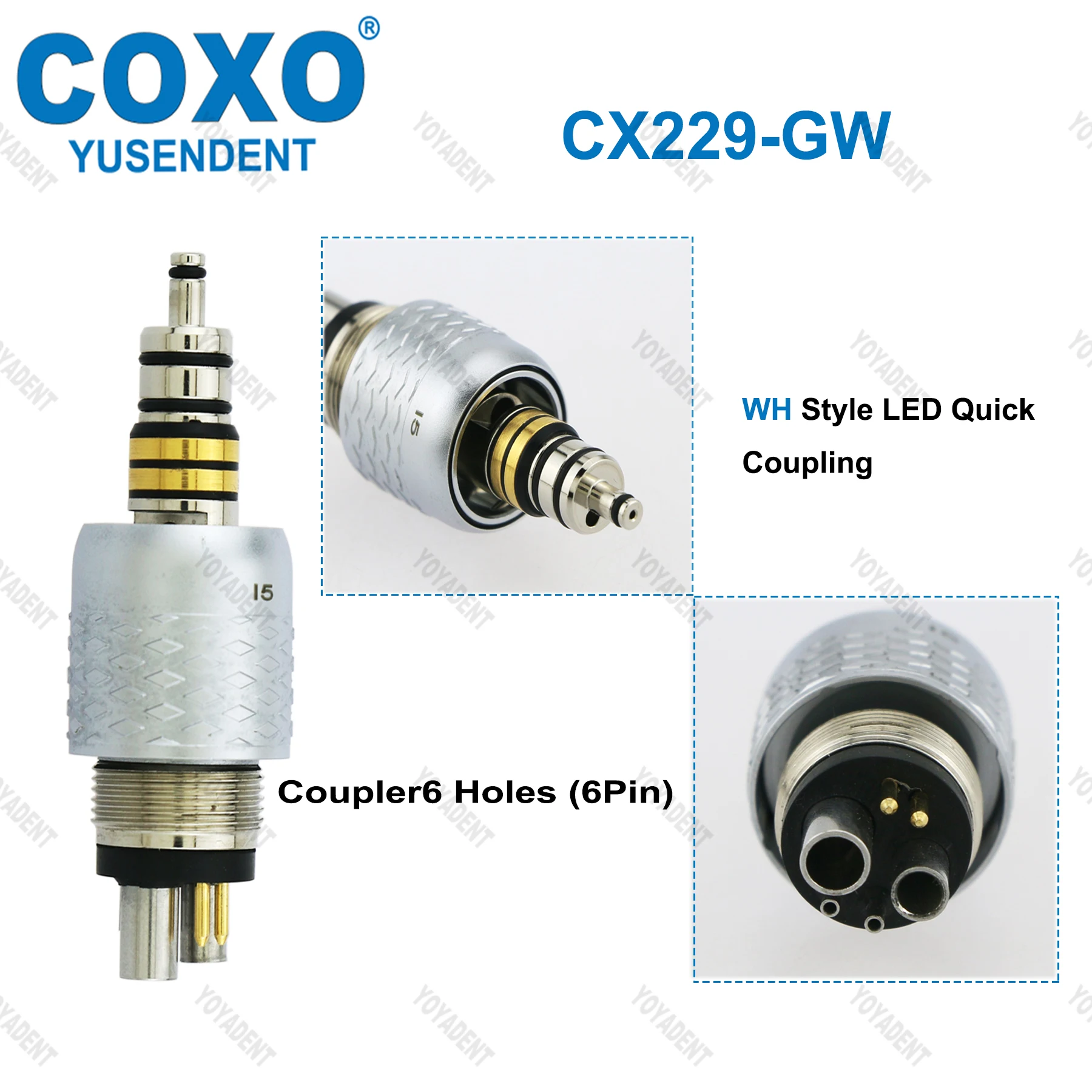 COXO Końcówka stomatologiczna Turbiny Końcówka światłowodowa o dużej prędkości Wirnik powietrza Standard/Torque Head LED Coupler 6-pin Fit WH