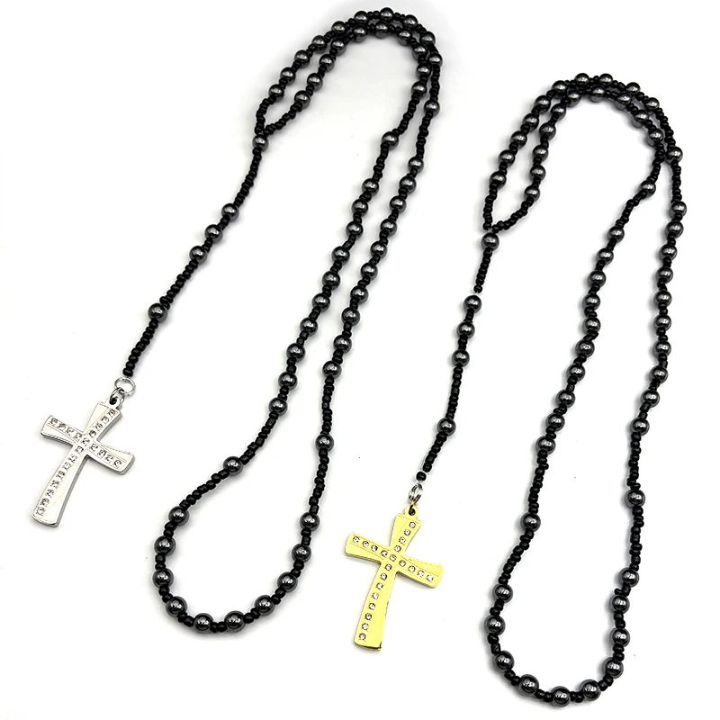 

Catholic Christ Cross Necklace Women Men Rhinestone Stainless Steel Gold Color Black Rosary Beaded Long Chain Jewelry Gifts