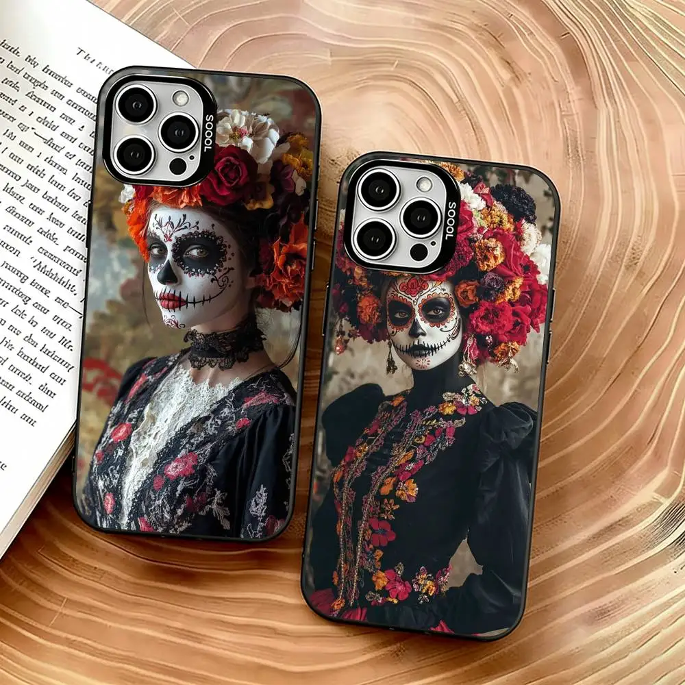 

Day of the Dead Mexican Skull Phone Case For iPhone 17,16,15,14,13,12,11 Plus,Pro Max,XS,Colorful Silver Phone case Funda Cover