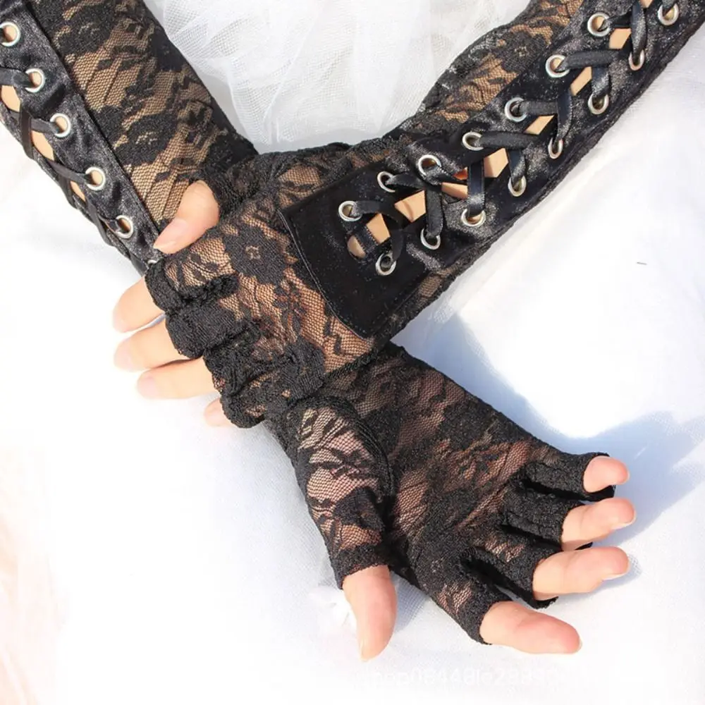 Slim Elastic Lace Strap Gloves Long Gloves Lolita JK Ribbon Half Finger Gloves Elbow Long Gothic Women Gloves Halloween Cosplay