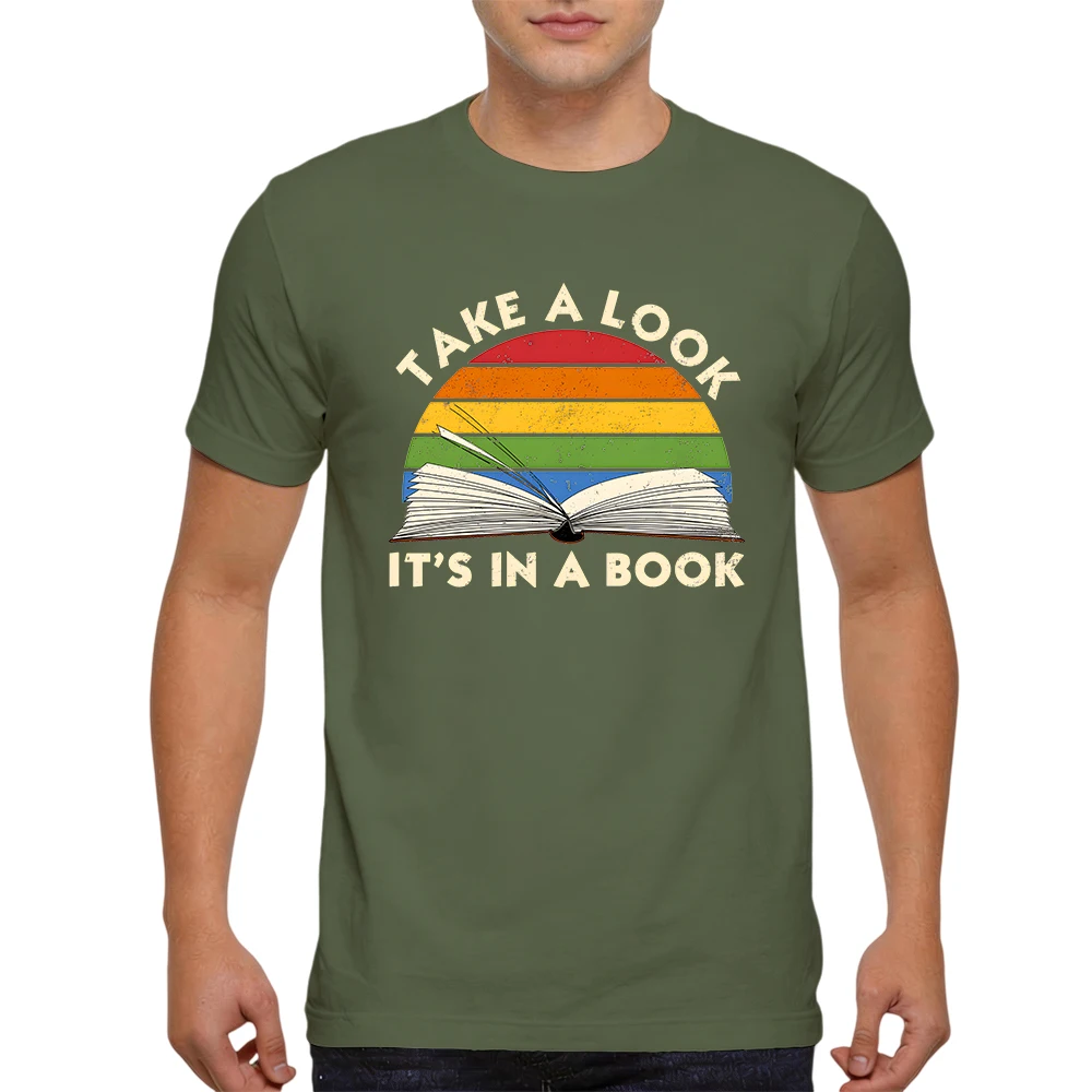 New Summer Mens 100% Cotton T Shirt Take A Look It's In A Book Retro Rainbow Open Book Print Breathable Short Sleeve Daily Wear