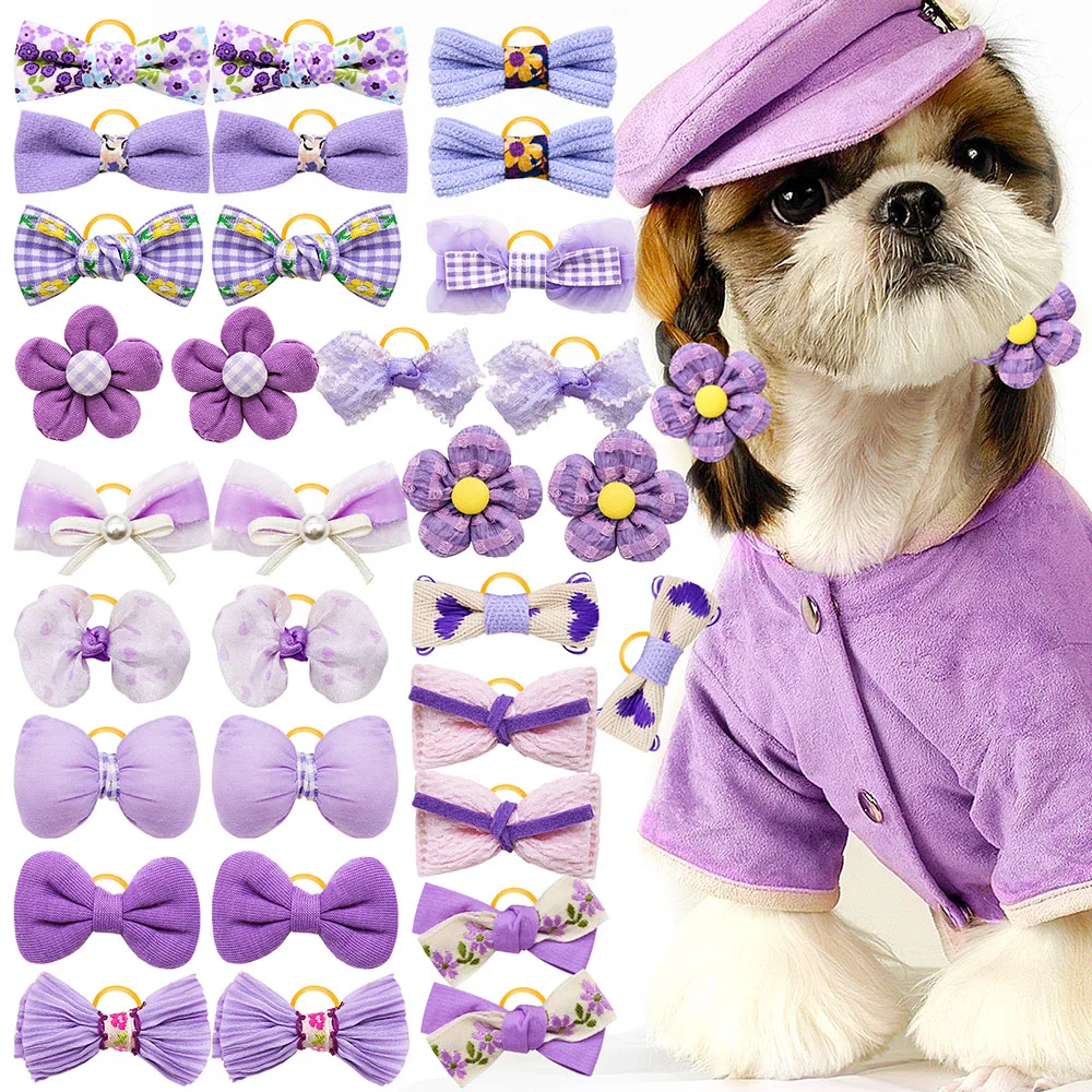 10PCS Cute Dog Bowknot Purple Style Bows Pet Dog Hair Pet Dog Flower Headware Rubber Band for Dogs Puppy Grooming Accessory