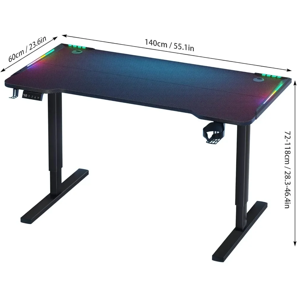 56in Gaming Desk, 3 Levels Electric Lift, Colorful Light Strip, Height Adjustable, Headphones Hooks Cup Holders, Standing Desk