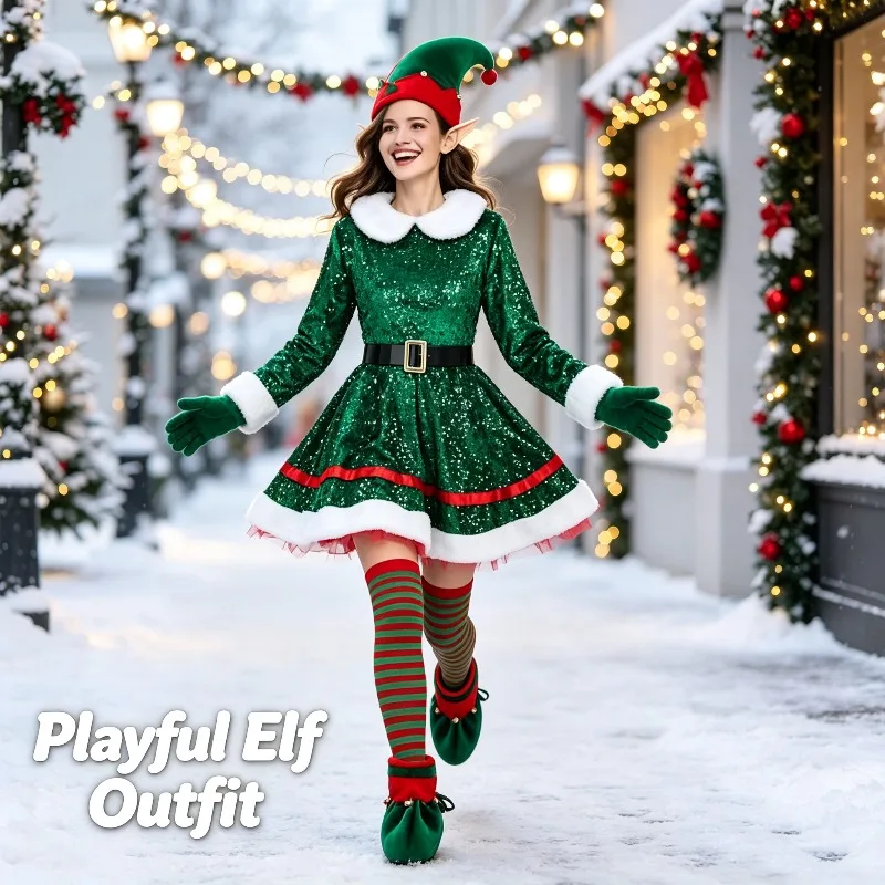 Suitable for 14+teenagers 6pcs Christmas Elf Sequin Dress for Women Adult Green Reindeer Cosplay Stage Show