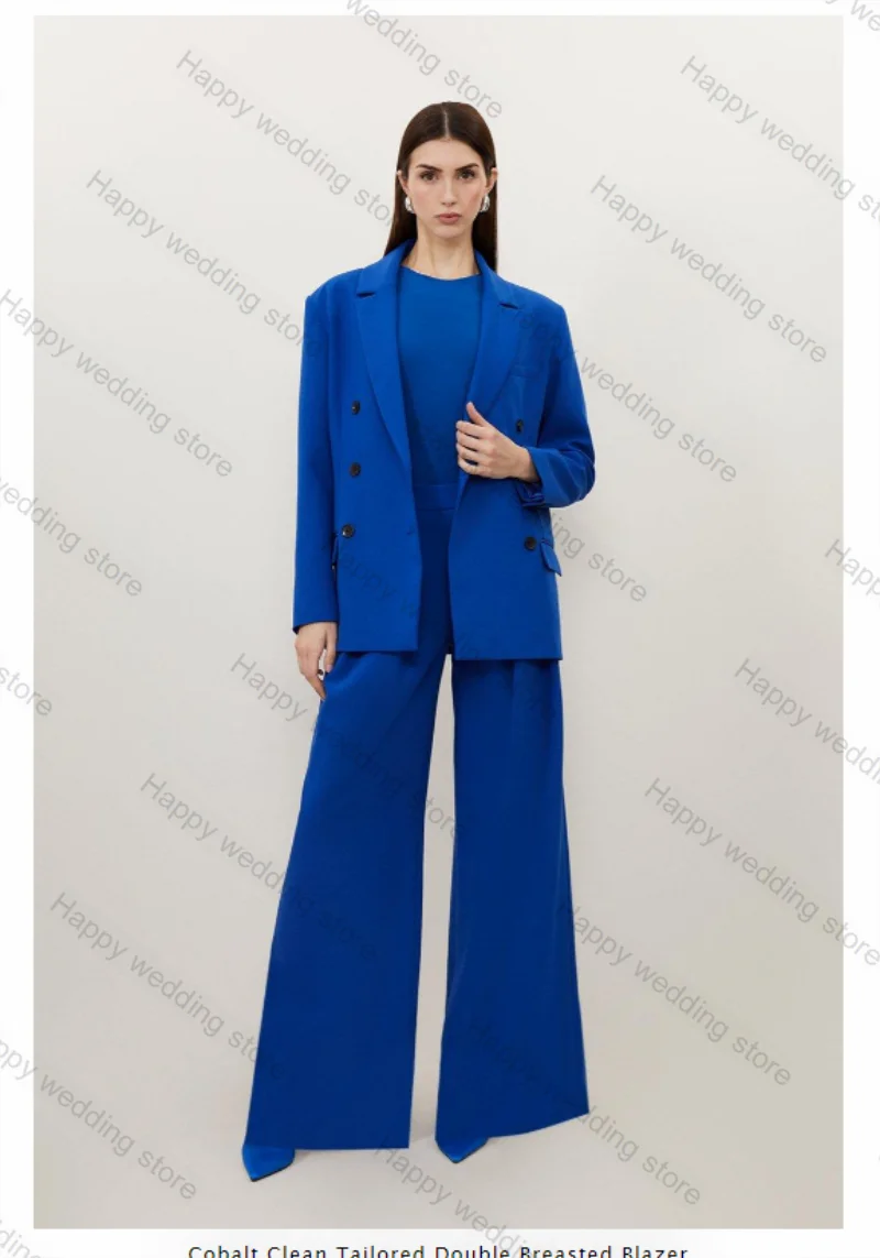 Blue Formal Women Suit Pants Set 2 Piece Blazer+Trousers Double Breasted Business Office Lady Coat Jacket Customized Outfit