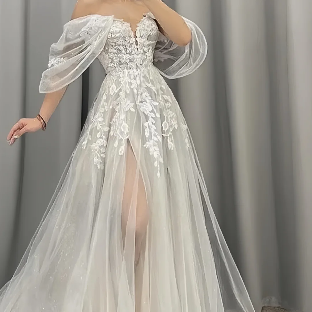 فساتين زفاف أنيقة مخصصة على شكل حرف A للنساء فستان رسمي مزين بفتحة مثير قبالة الكتف زي العرائس Vestis فستان العروس