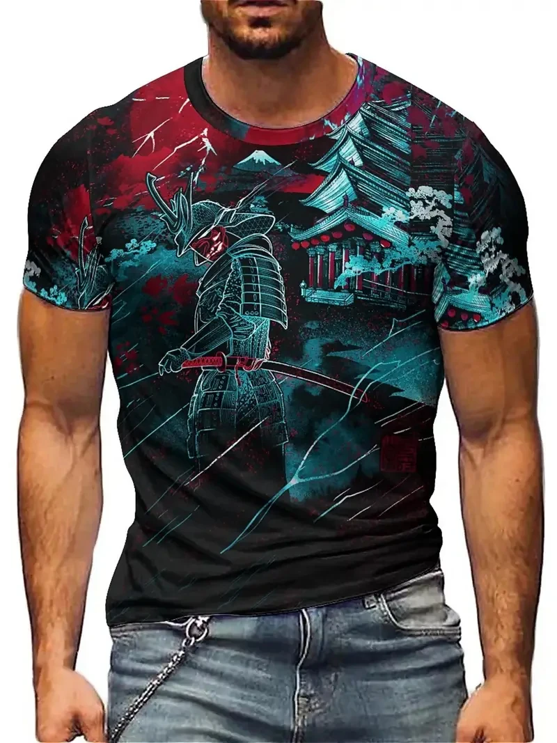 

Men's Japanese geisha pattern T-shirt 3D printed casual street wear short sleeved top, fade resistant and machine washable