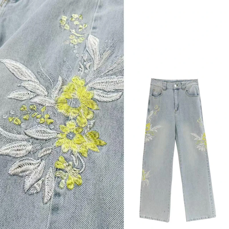 Spring 2025 High Waist Straight Leg Jeans Women's Faion Casual Versatile Embroidered Flower Slimming Wide Leg Pants