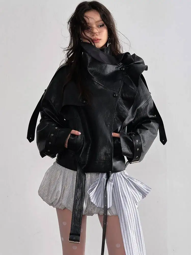 Vintage Ruffles Black Big Size PU Leather Jacket New Stand Collar Long Sleeve Women Coat Fashion Spring Autumn 2026 SUKA