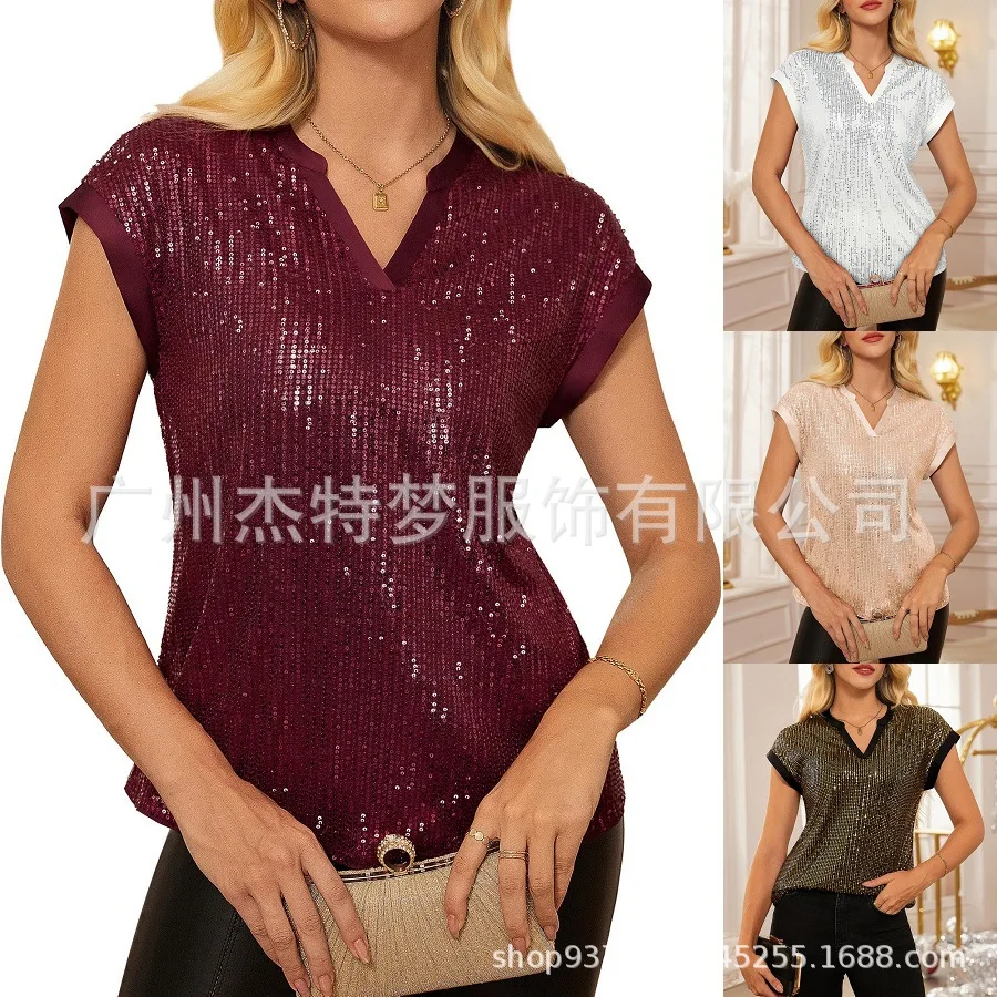 

2026Women's Spring and Summer New Style Fashionable Elegant Solid Color Sequined V-Neck Short Sleeve Party Tops Shirts for Women