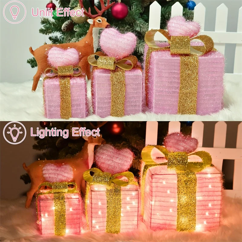 3Pcs/Set PVC Christmas Gift Box Set Luminous Folding Christmas Lighting Box with Bow Ribbon Christmas Glowing Decoration Outdoor