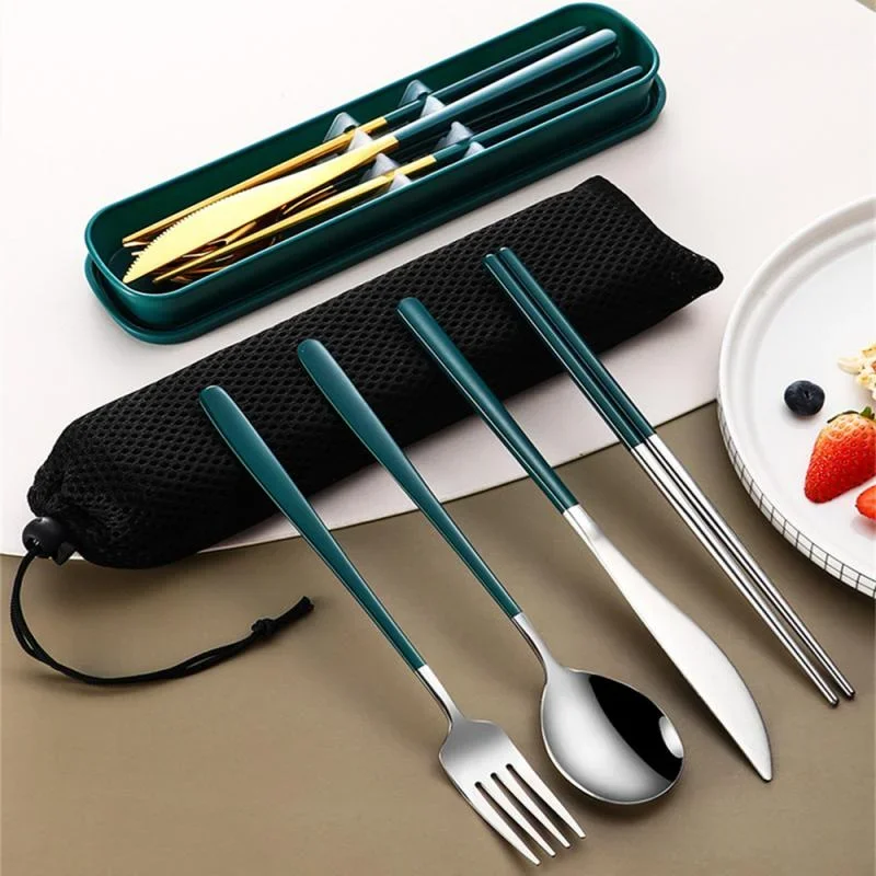 

1PC Portable Cutlery Set Gold Knife Fork Spoon Chopsticks Stainless Steel Tableware Sets With Case Utensils For Kitchen Travel