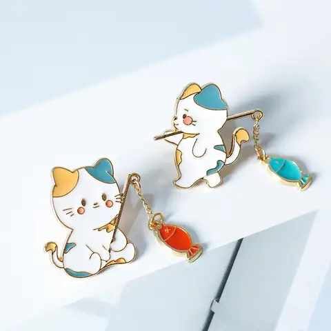 Cute Cartoon Cat Enamel Pin Custom Fishing with Chain DIY Button Brooches Metal Denim Laple Jacket Badges Jewelry Gift Wholesale