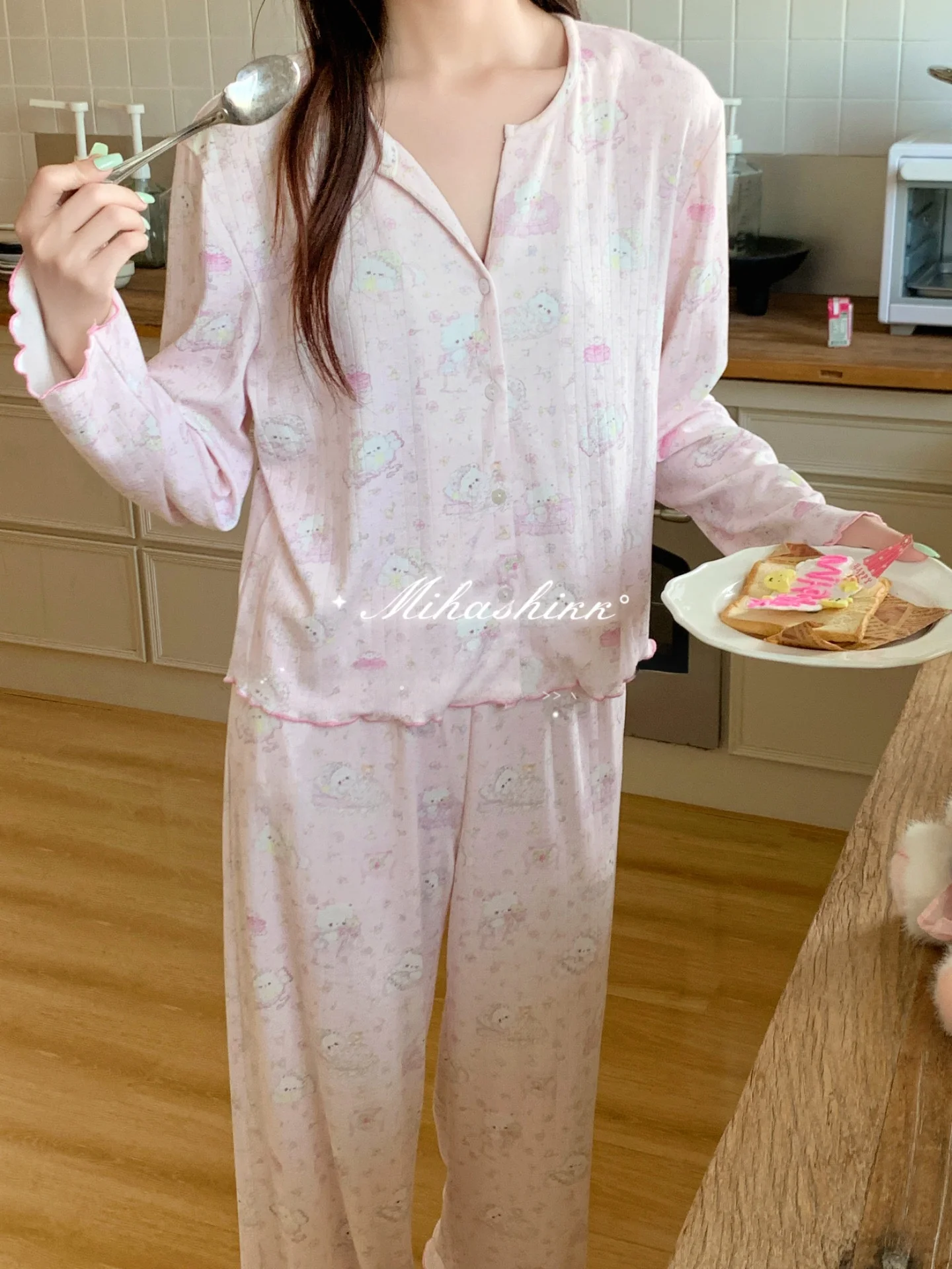comfortable-knitted-cotton-sleepwear-set-for-women-cute-cartoon-print-long-pants-home-clothes-set-soft-round-neck-open-ca