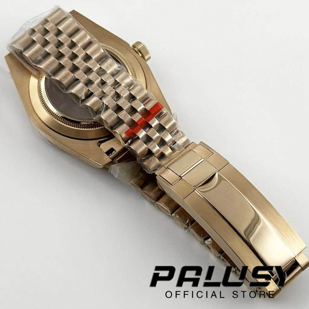 로즈 골드 익스플로러 사파이어 글래스 시계 케이스, GMT 고정 베젤 솔리드 글라이드 잠금 걸쇠, ETA2824 케이스, 24 시간, 39mm, NH34, NH35, NH36