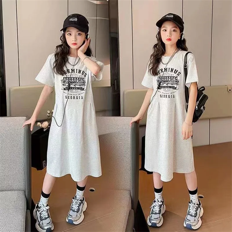 Summer 2026 Girls Dresses Kids Short Sleeve Sports Dress Children Clothing Vestido Baby Dresses For Girls Teen 6 8 10 12 14 Year