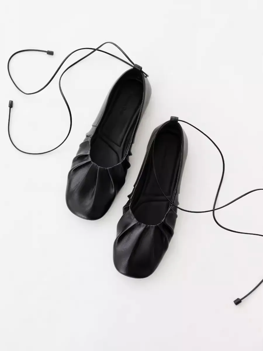 

Mrxmus Dutit Retro Flat Shoes Slip On Woman Lace Up Soft Flats Spring Autumn Pleated Casual Leather Ballet Shoes