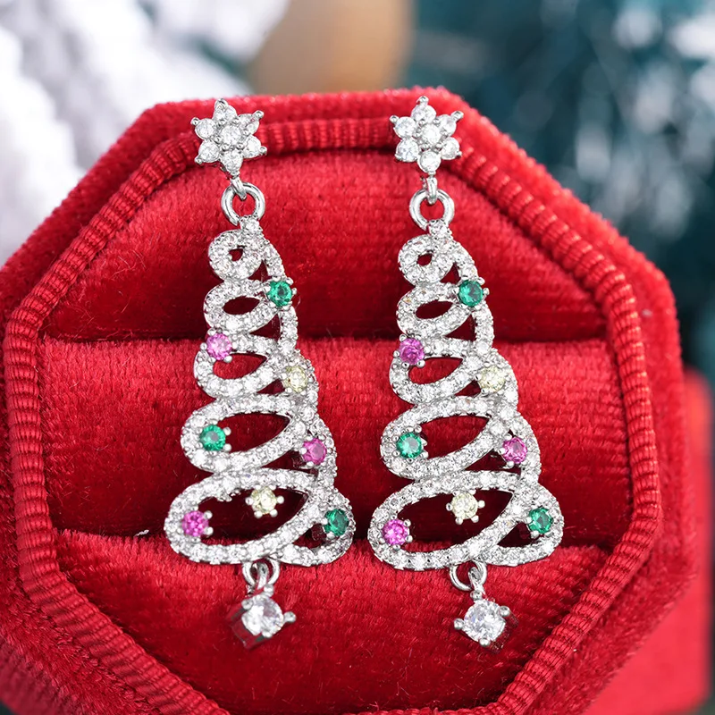 

Jianjie Spiral Shining Zircon Christmas Tree Shaped Pendant Earrings for Women Anniversary Personality Star Dazzling Ear Jewelry