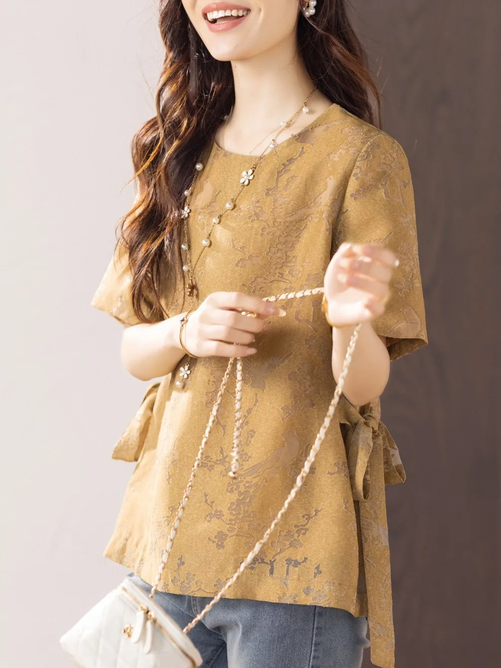 Camiseta Ele bordada ort Sve para mujer, lazo lateral, verano, talla grande, irt, informal, holgada, redonda, Ne Basic Sle