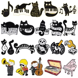 Musical Symbols Piano Black Cat Enamel Brooch Disc Recorder Saxophonist Lapel Pins Punk Guitar Badge Jewelry Gifts For Friends
