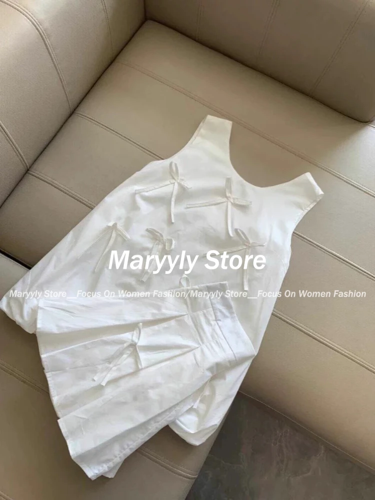 Summer Sweet Design 2 Piece Set Women Casual Kawaii Bow Sleeveless Tops + Cute Mini Skirt Female 2000s Y2k Retro Skirt Outifts