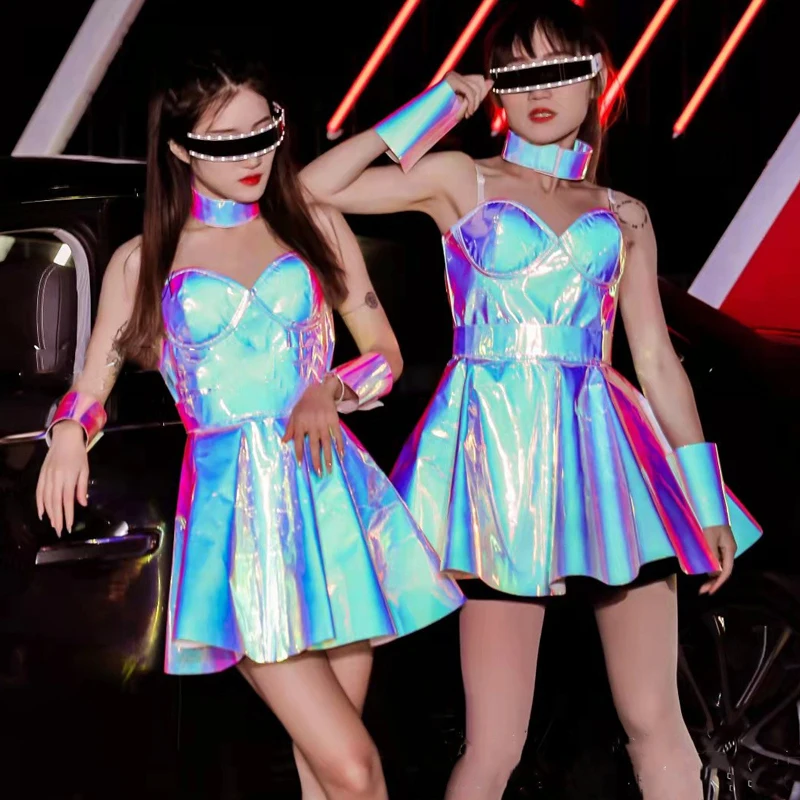 Sexy Gogo Dance Costumes Laser Purple PU Dress Glasses Nightclub DJ DS Party Festival Outfit Women Stage Performance Wear XS6049