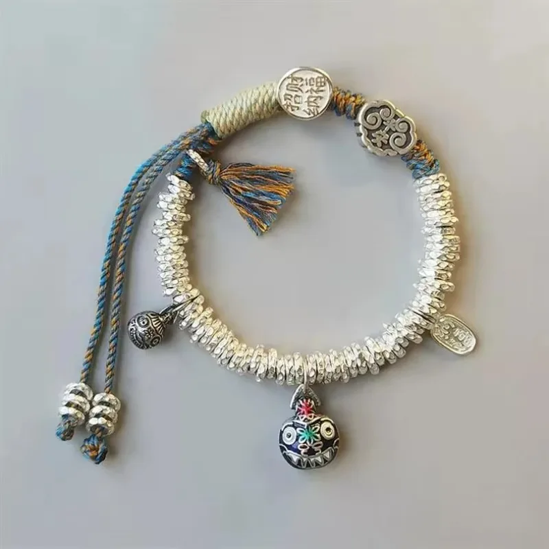 

Chinese Ethnic Style White Copper Tunjin Beast Attracts Wealth and Blessings Bracelet Handmade Weaving Women's Hand Rope