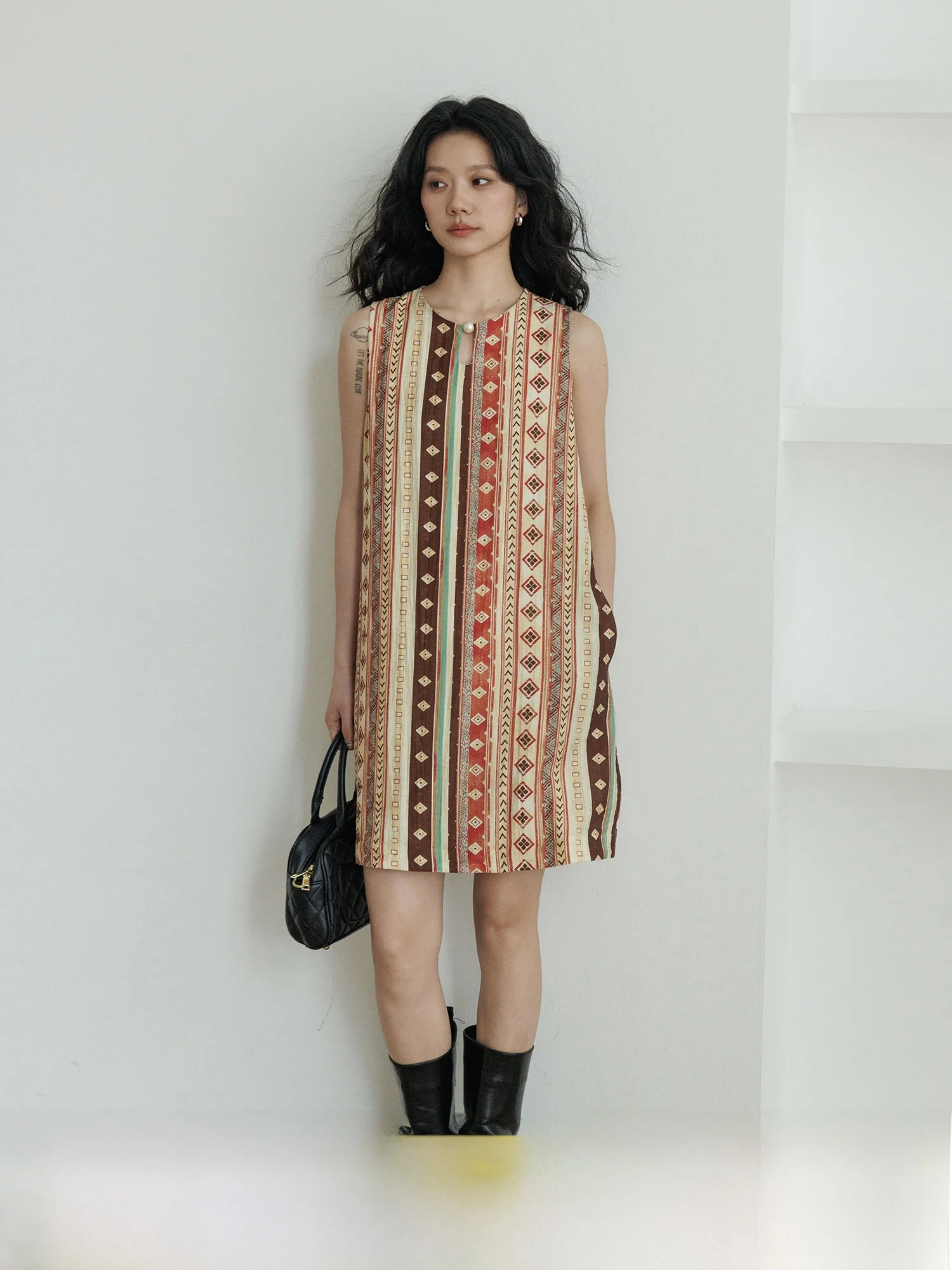 

Summer Casual round Neck Sleeveless Dress Women's Linen Print Vacation Style Design Loose Short Skirt Gown Summer Dress