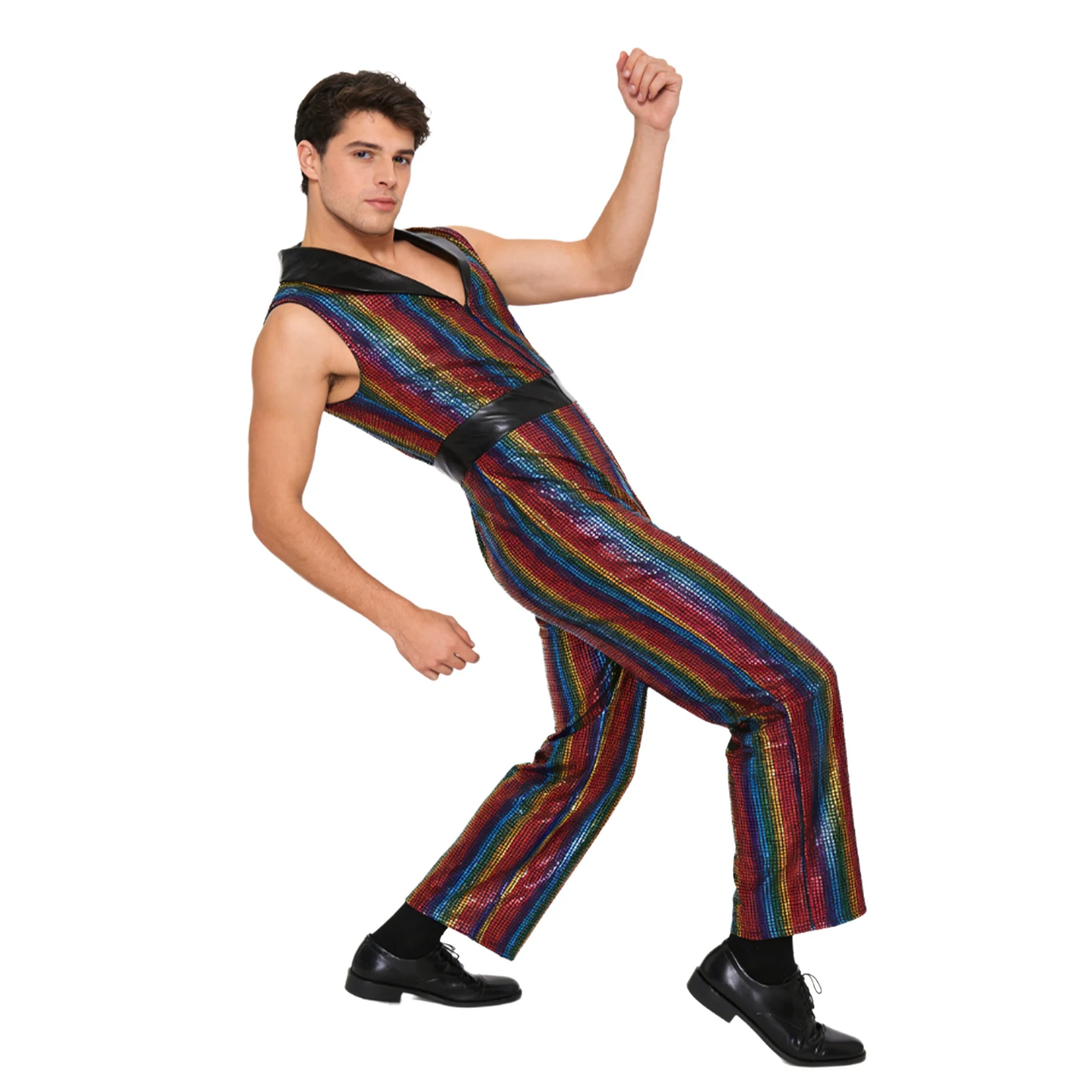 남성용 레트로 80년대 90년대 디스코 점프수트, 라펠 V넥 민소매 와이드 레그 바디수트, 메탈릭 샤이니 플래드 롬퍼, 레이브 파티 클럽웨어